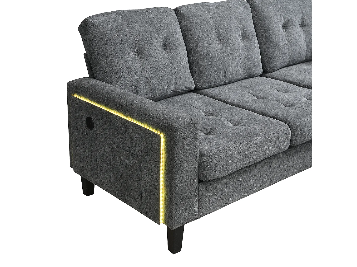 Sofa 3-osobowa z paskiem świetlnym LED i portem USB, mobilny podnóżek – szara szenilowa
