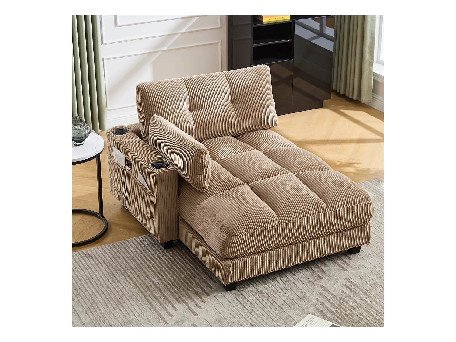 Canapé 1 place avec dossier rembourré, port USB et porte-gobelet - velours côtelé kaki