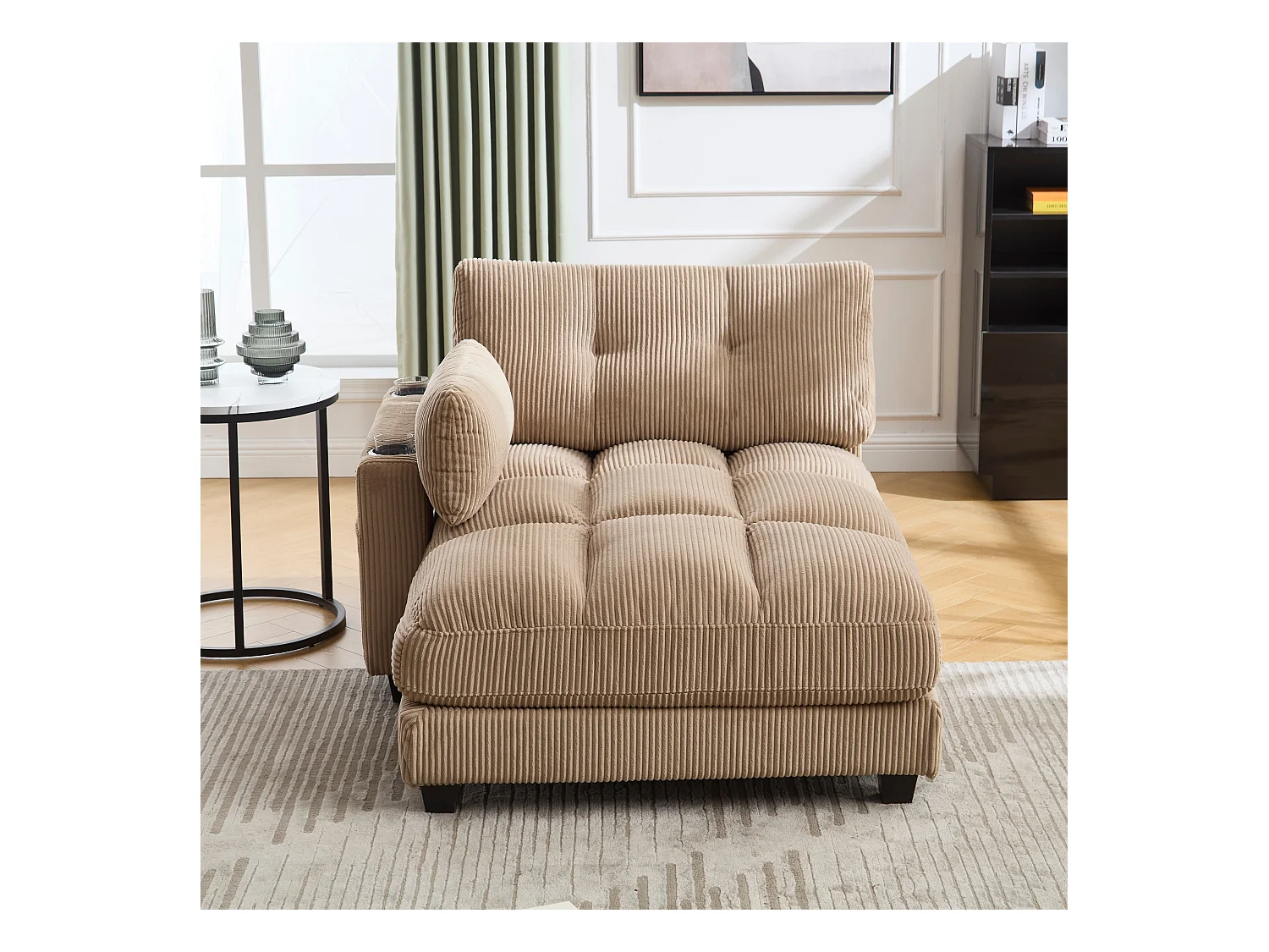 Canapé 1 place avec dossier rembourré, port USB et porte-gobelet - velours côtelé kaki