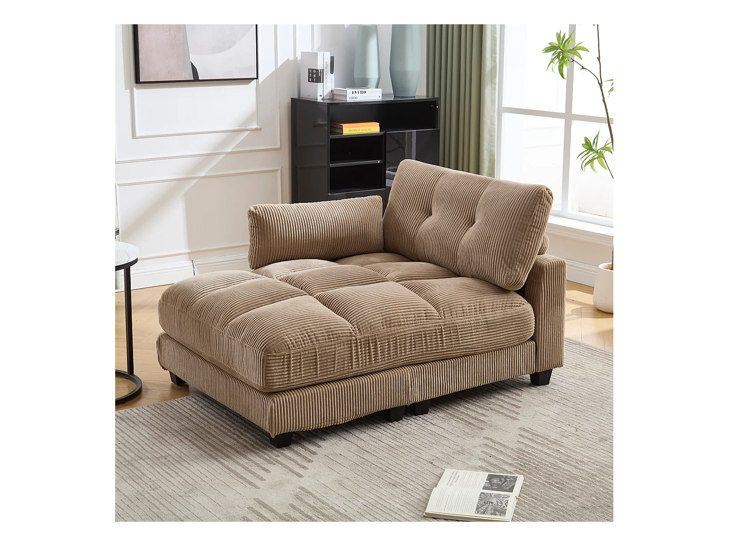 Canapé 1 place avec dossier rembourré, port USB et porte-gobelet - velours côtelé kaki