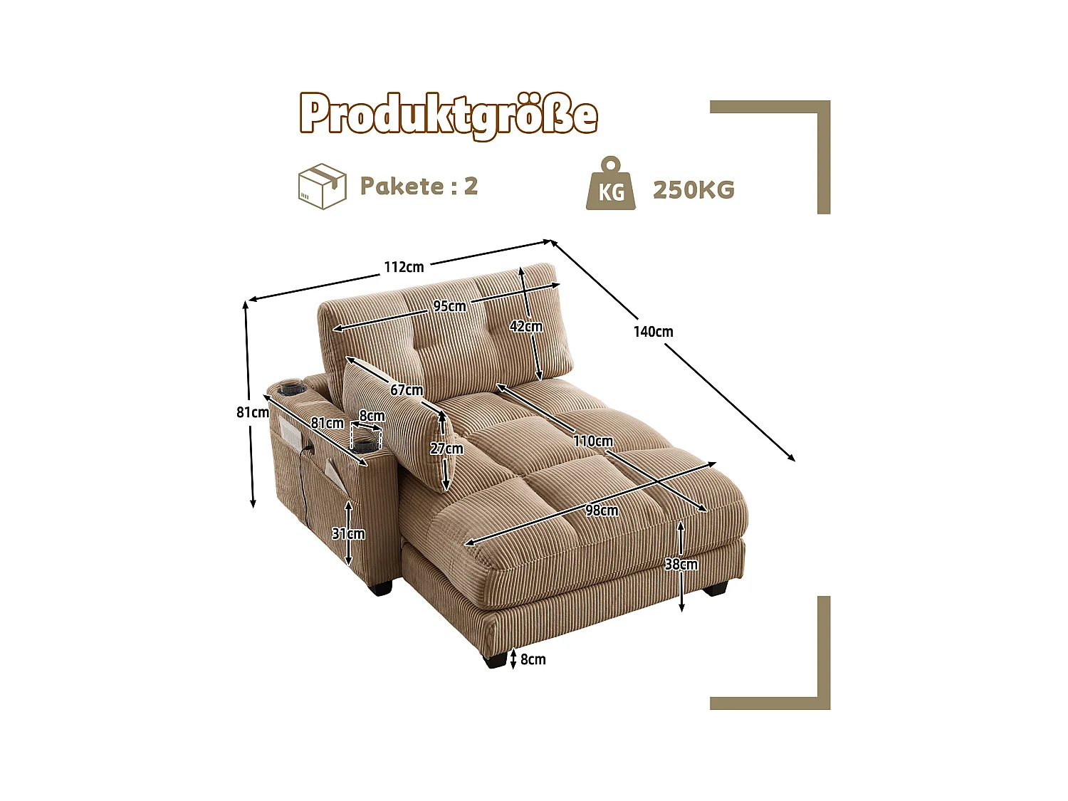 Canapé 1 place avec dossier rembourré, port USB et porte-gobelet - velours côtelé kaki