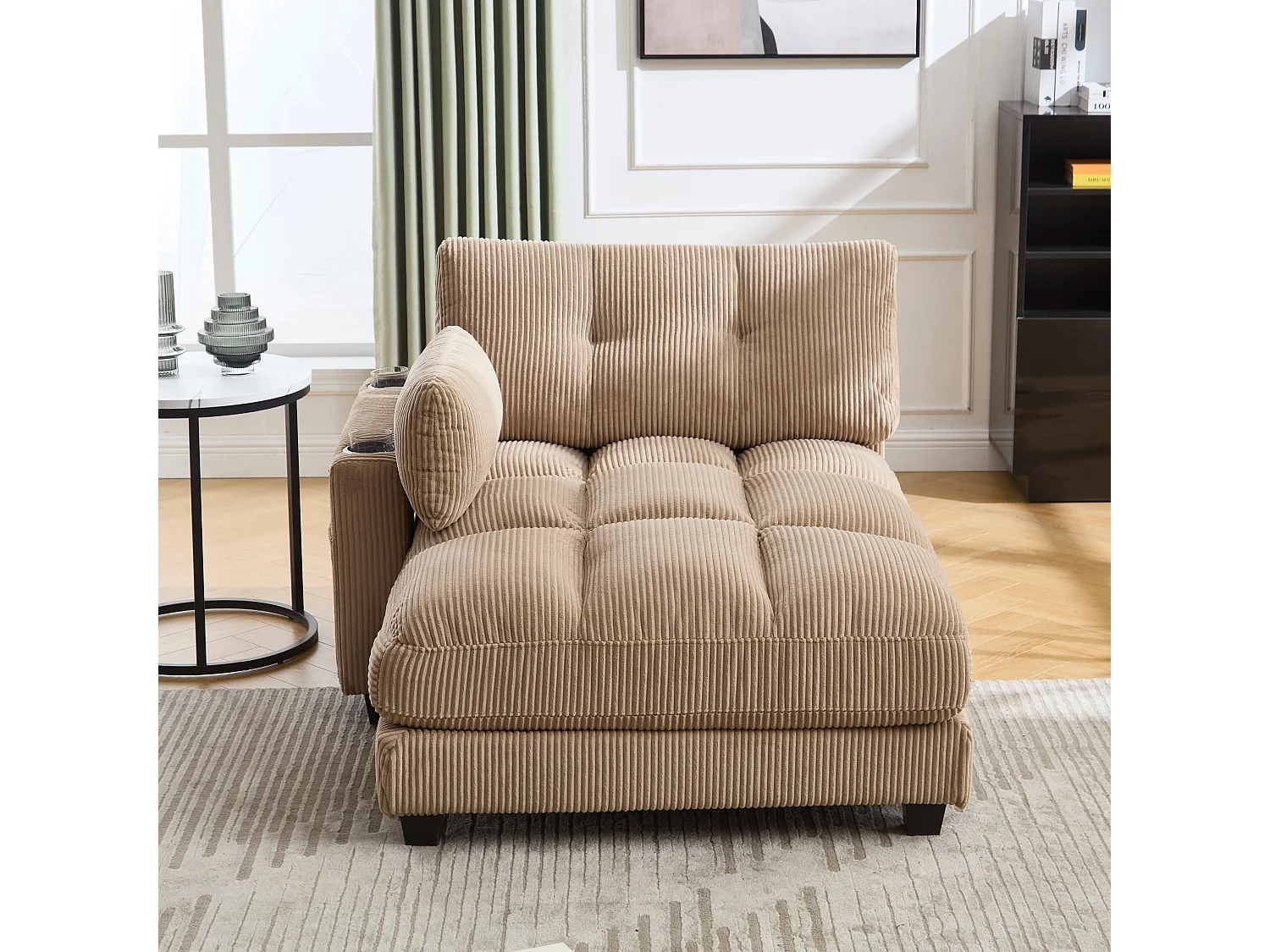 Canapé 1 place avec dossier rembourré, port USB et porte-gobelet - velours côtelé kaki