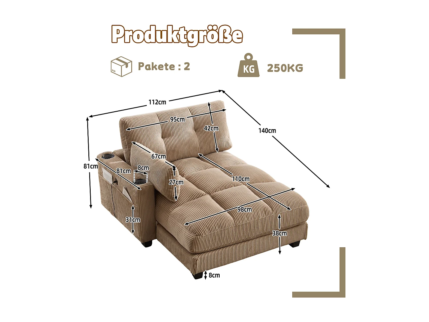 Canapé 1 place avec dossier rembourré, port USB et porte-gobelet - velours côtelé kaki