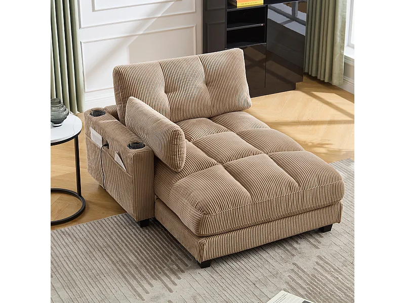 Canapé 1 place avec dossier rembourré, port USB et porte-gobelet - velours côtelé kaki