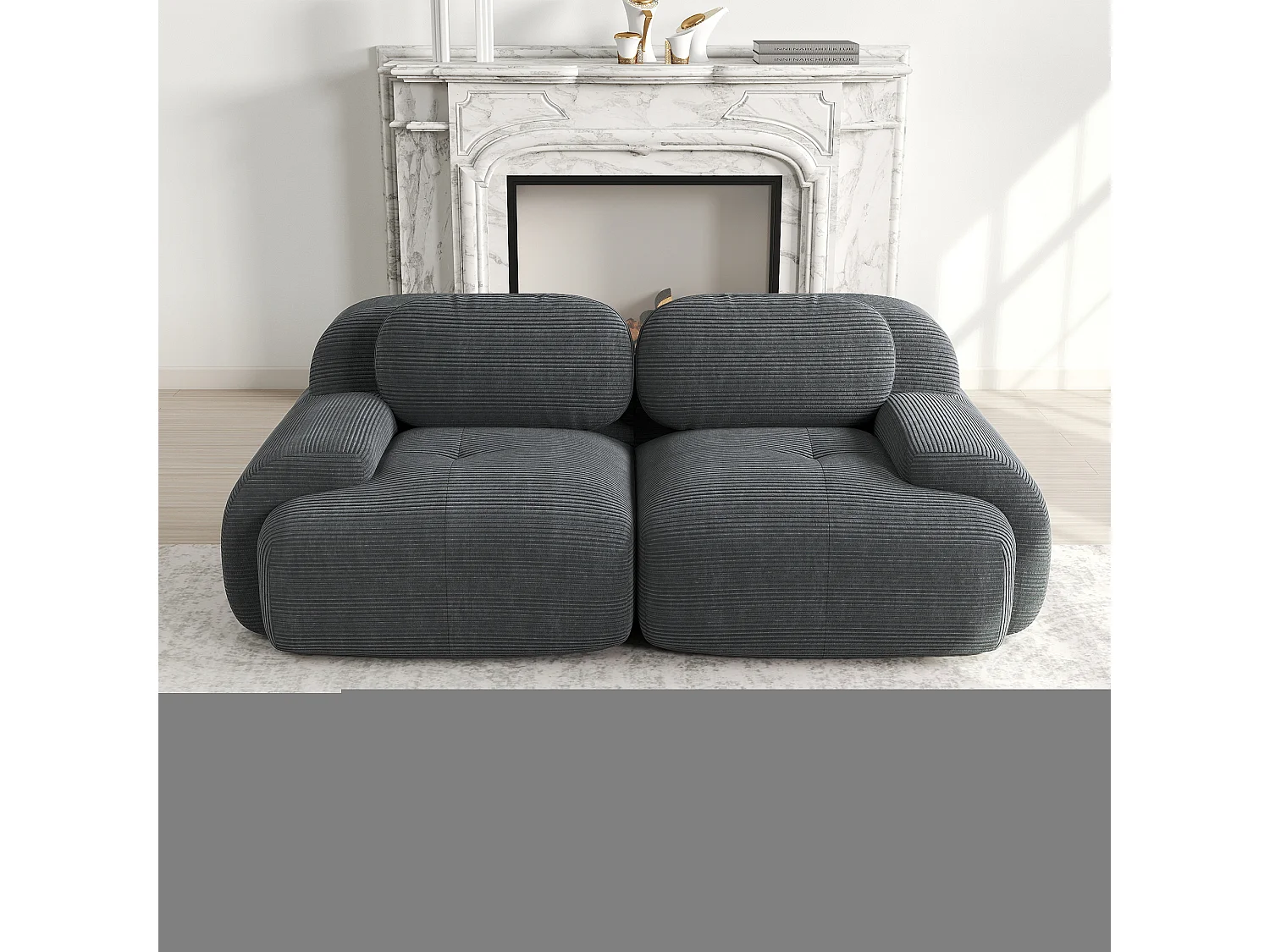 2-zitsbank met gebogen armleuningen en gewatteerde rugleuning, grijze ribfluweel