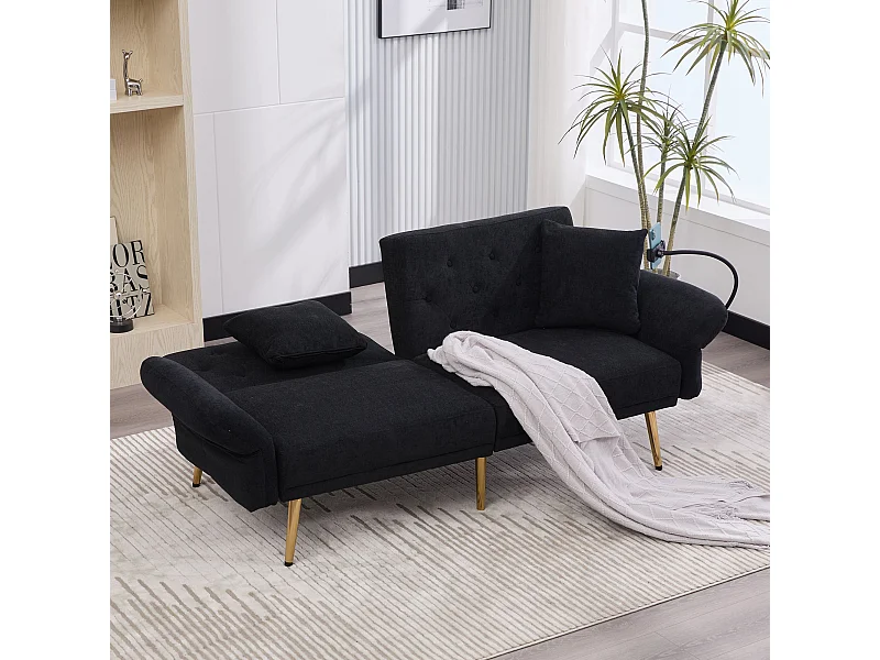 2-Sitzer-Sofa mit verstellbarer Rückenlehne, USB-Anschluss und Handyhalterung – Schwarz Chenille
