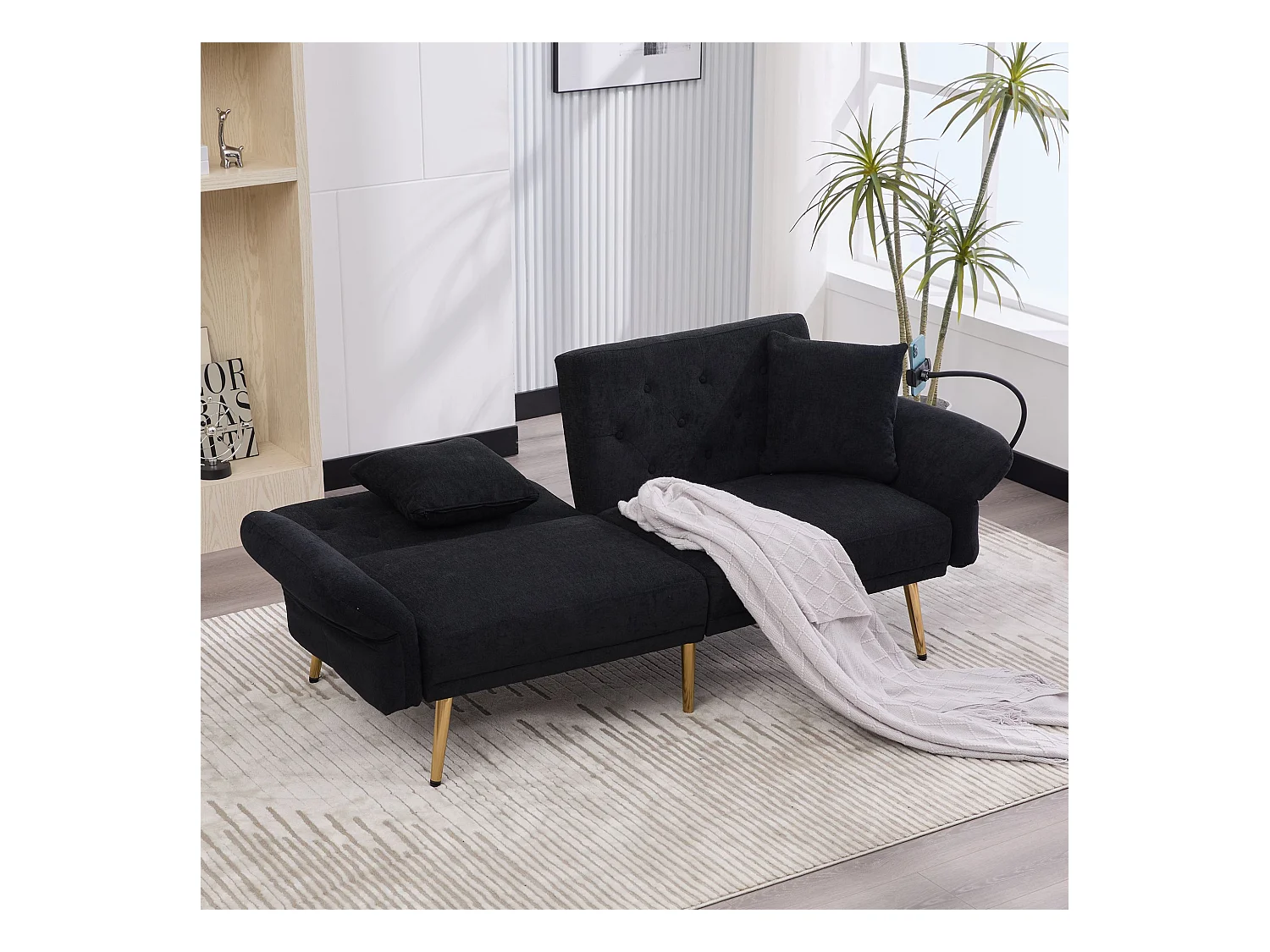 Canapé 2 places avec dossier réglable, port USB et support téléphone - Chenille noire