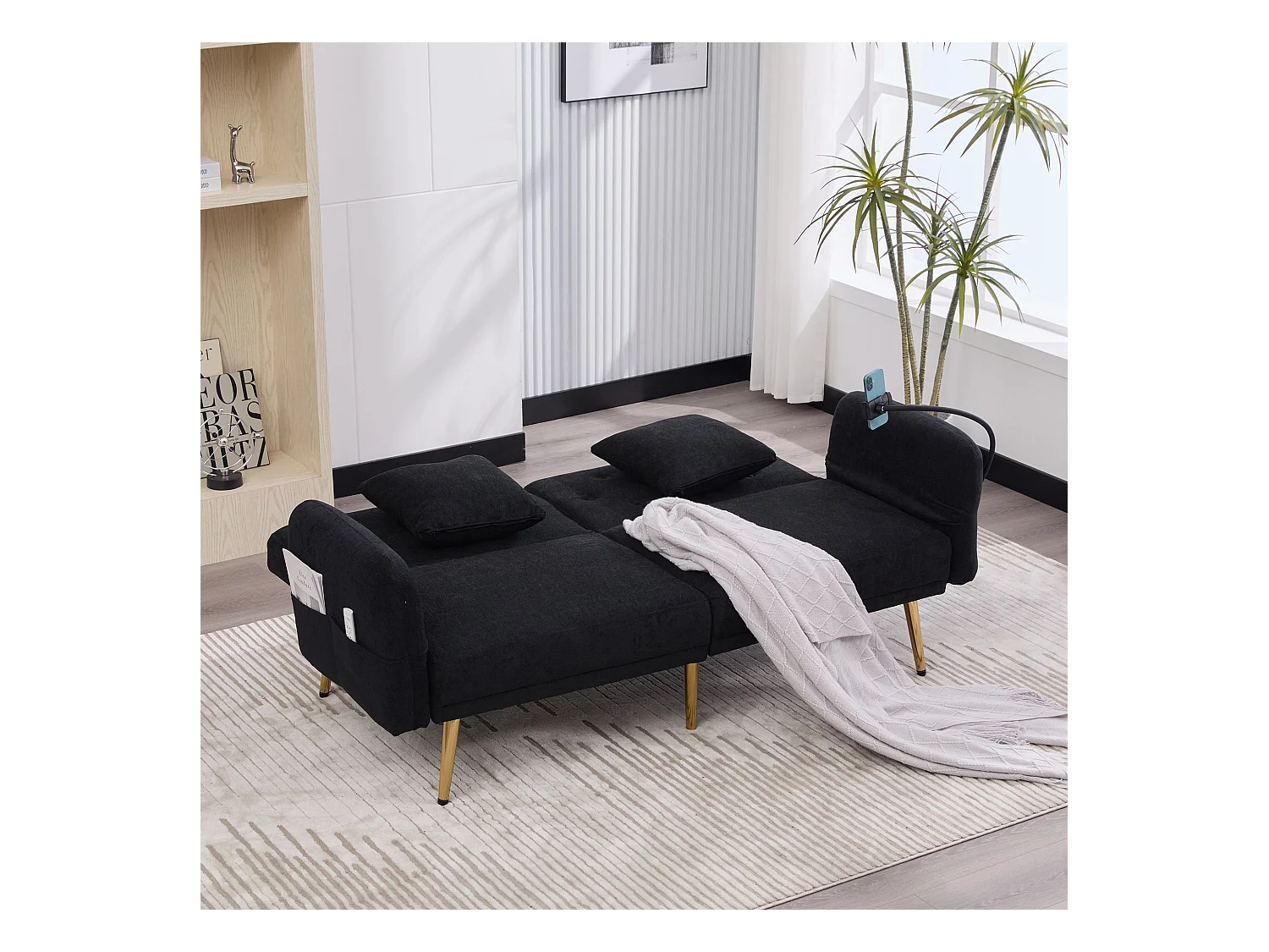 Canapé 2 places avec dossier réglable, port USB et support téléphone - Chenille noire