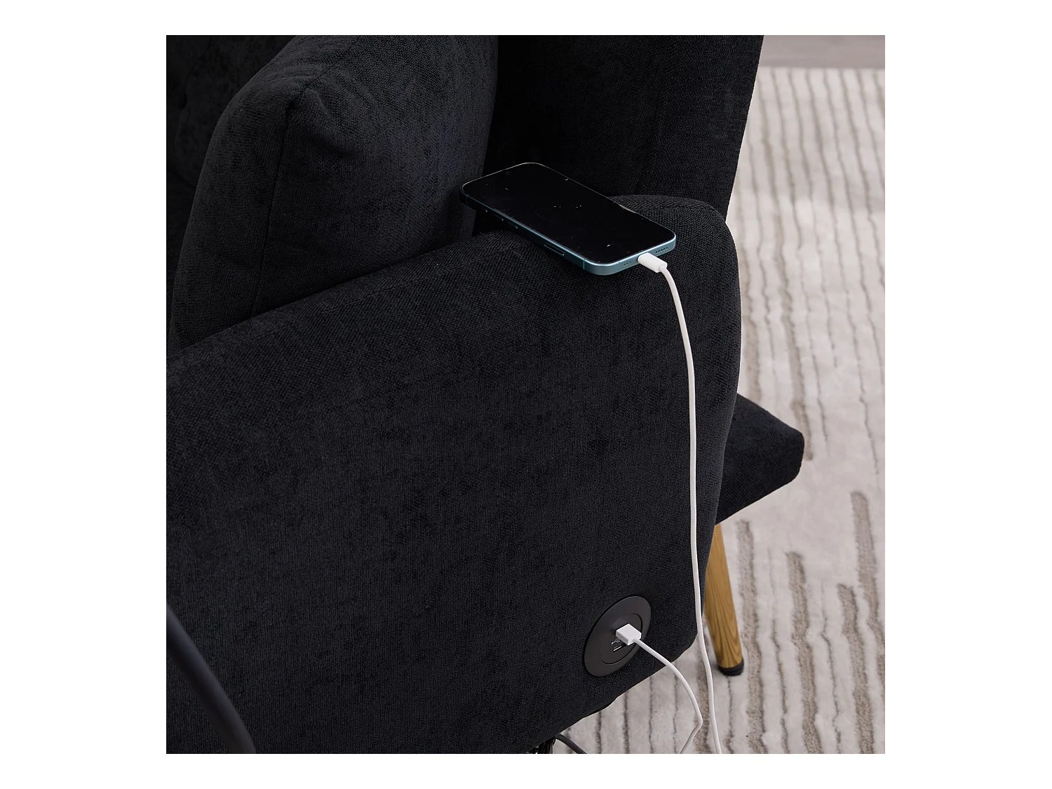 Canapé 2 places avec dossier réglable, port USB et support téléphone - Chenille noire