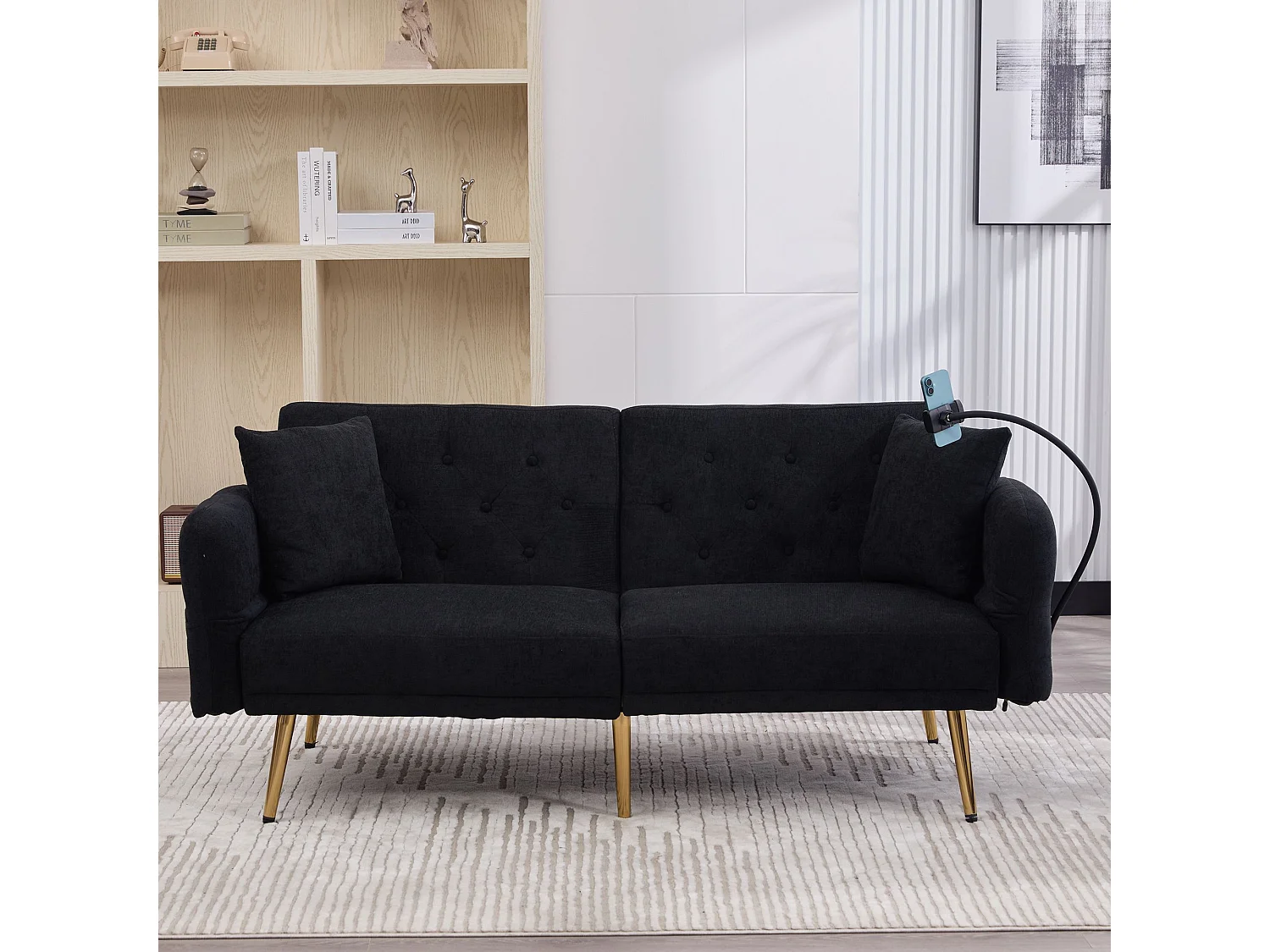 2-Sitzer-Sofa mit verstellbarer Rückenlehne, USB-Anschluss und Handyhalterung – Schwarz Chenille