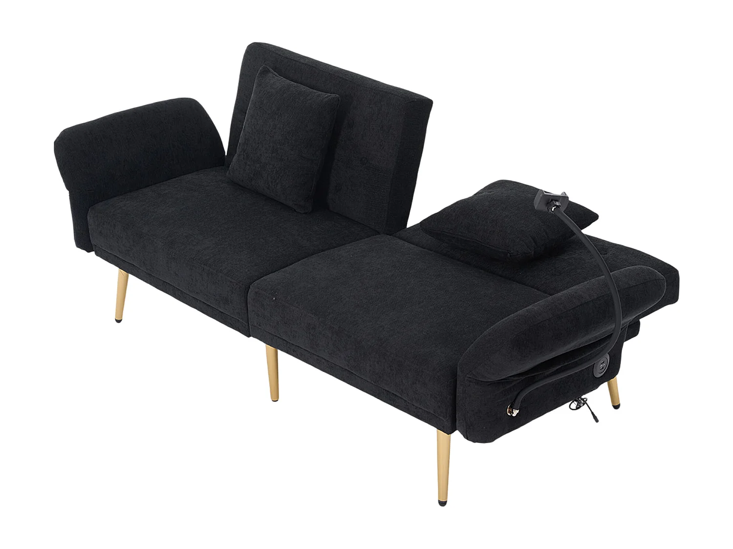 2-Sitzer-Sofa mit verstellbarer Rückenlehne, USB-Anschluss und Handyhalterung – Schwarz Chenille