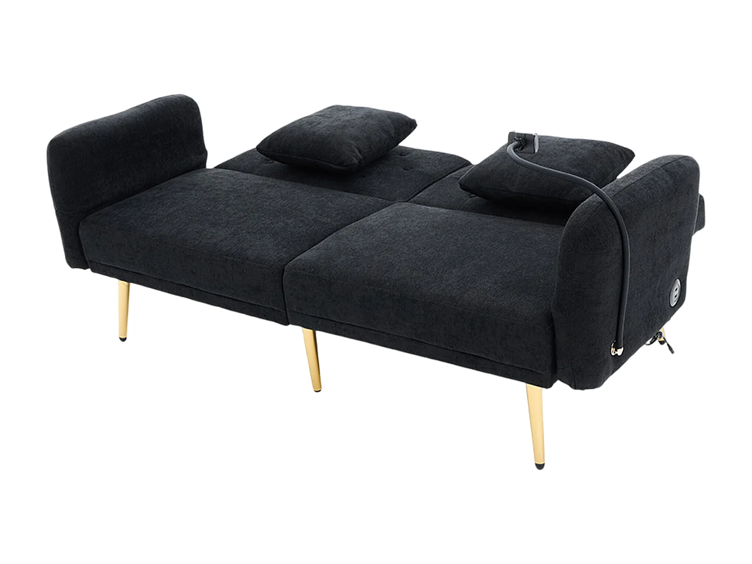 2-Sitzer-Sofa mit verstellbarer Rückenlehne, USB-Anschluss und Handyhalterung – Schwarz Chenille