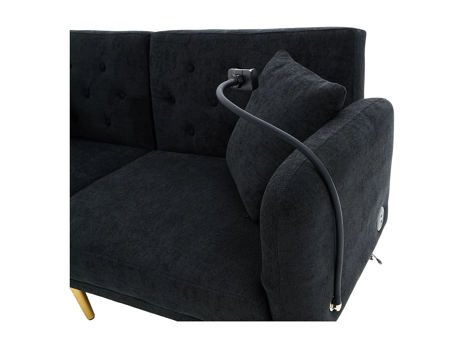 2-Sitzer-Sofa mit verstellbarer Rückenlehne, USB-Anschluss und Handyhalterung – Schwarz Chenille