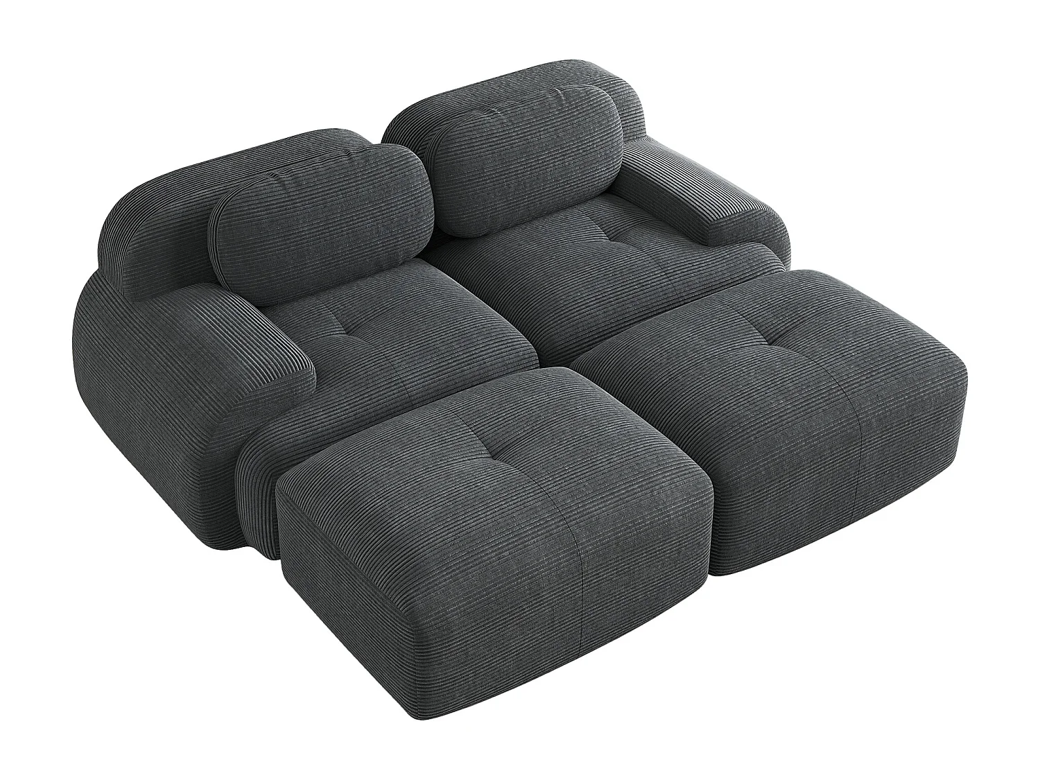 Canapé 2 places en velours côtelé avec accoudoirs et repose-pieds, gris - pour salon et chambre