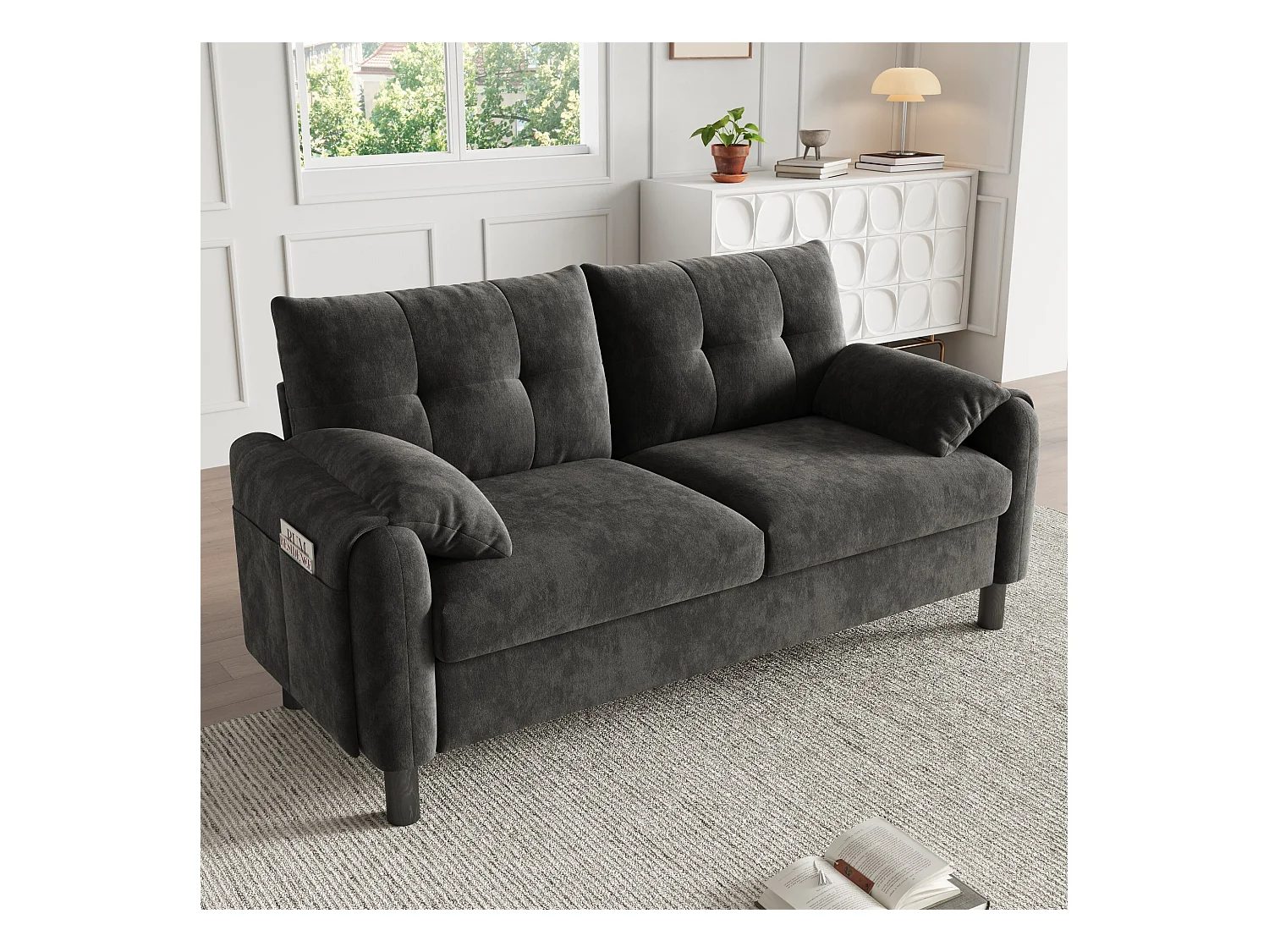 Canapé 2 places avec poches latérales et accoudoirs, dossier rembourré - chenille gris foncé