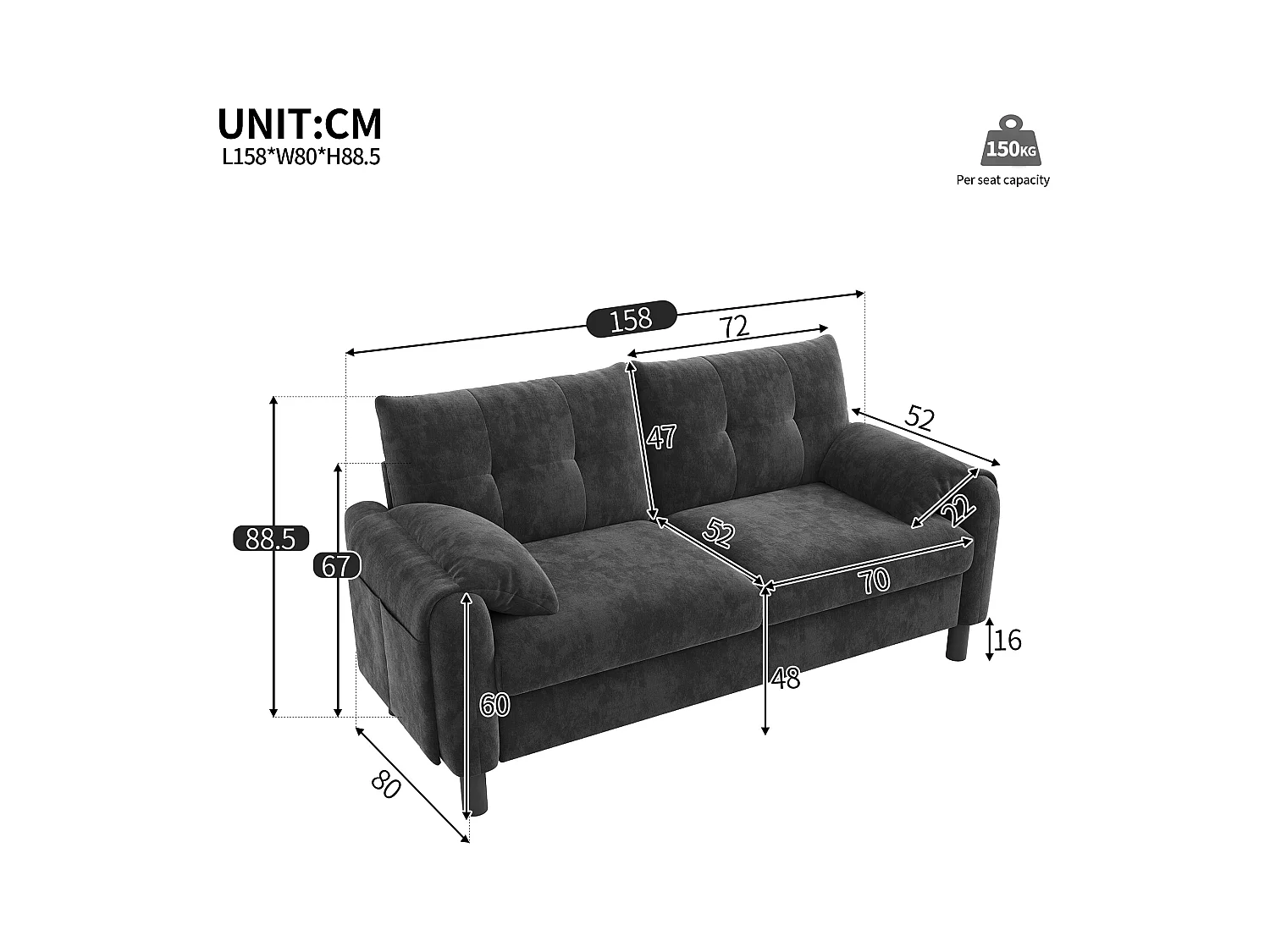 Canapé 2 places avec poches latérales et accoudoirs, dossier rembourré - chenille gris foncé