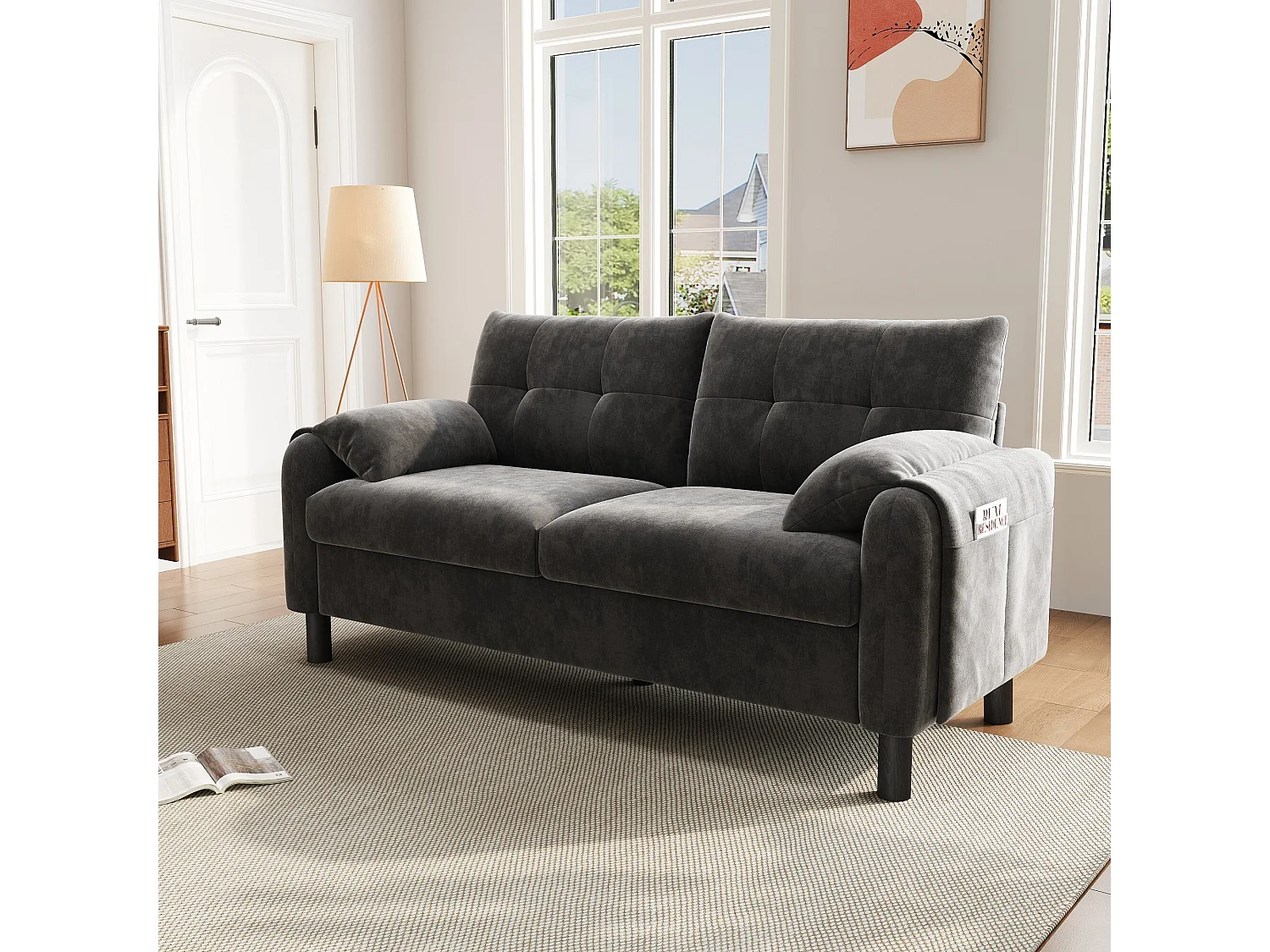 2-zitsbank met zijvakken en armleuningen, gewatteerde rugleuning - donkergrijze chenille