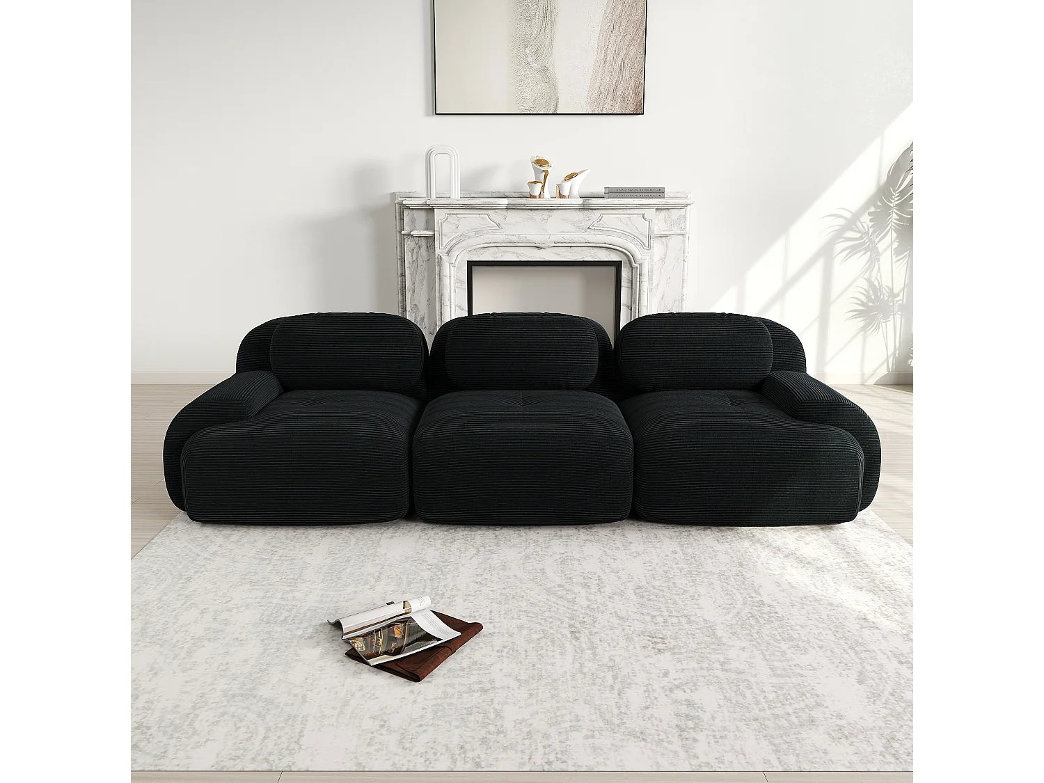 Sofá 3 plazas con respaldo y reposabrazos acolchados, pana negra - para salón y dormitorio