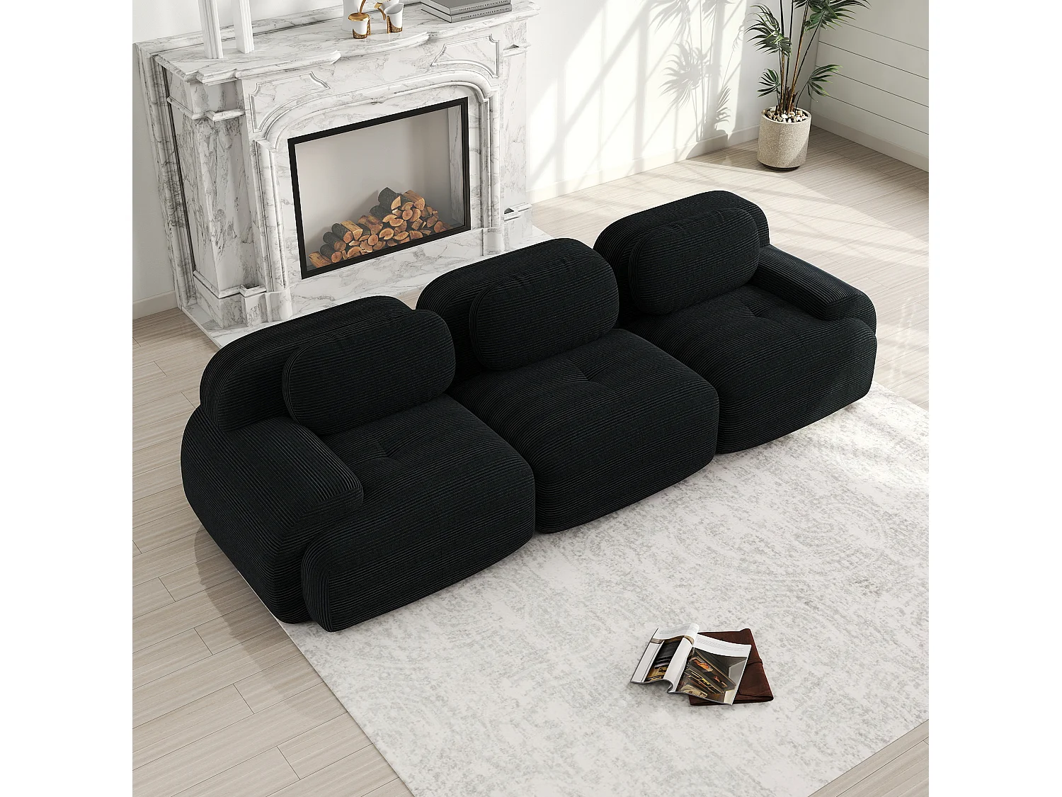 Sofá 3 plazas con respaldo y reposabrazos acolchados, pana negra - para salón y dormitorio