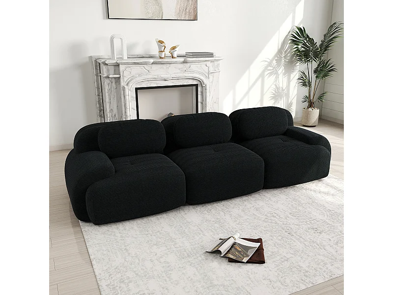 Sofá 3 plazas con respaldo y reposabrazos acolchados, pana negra - para salón y dormitorio