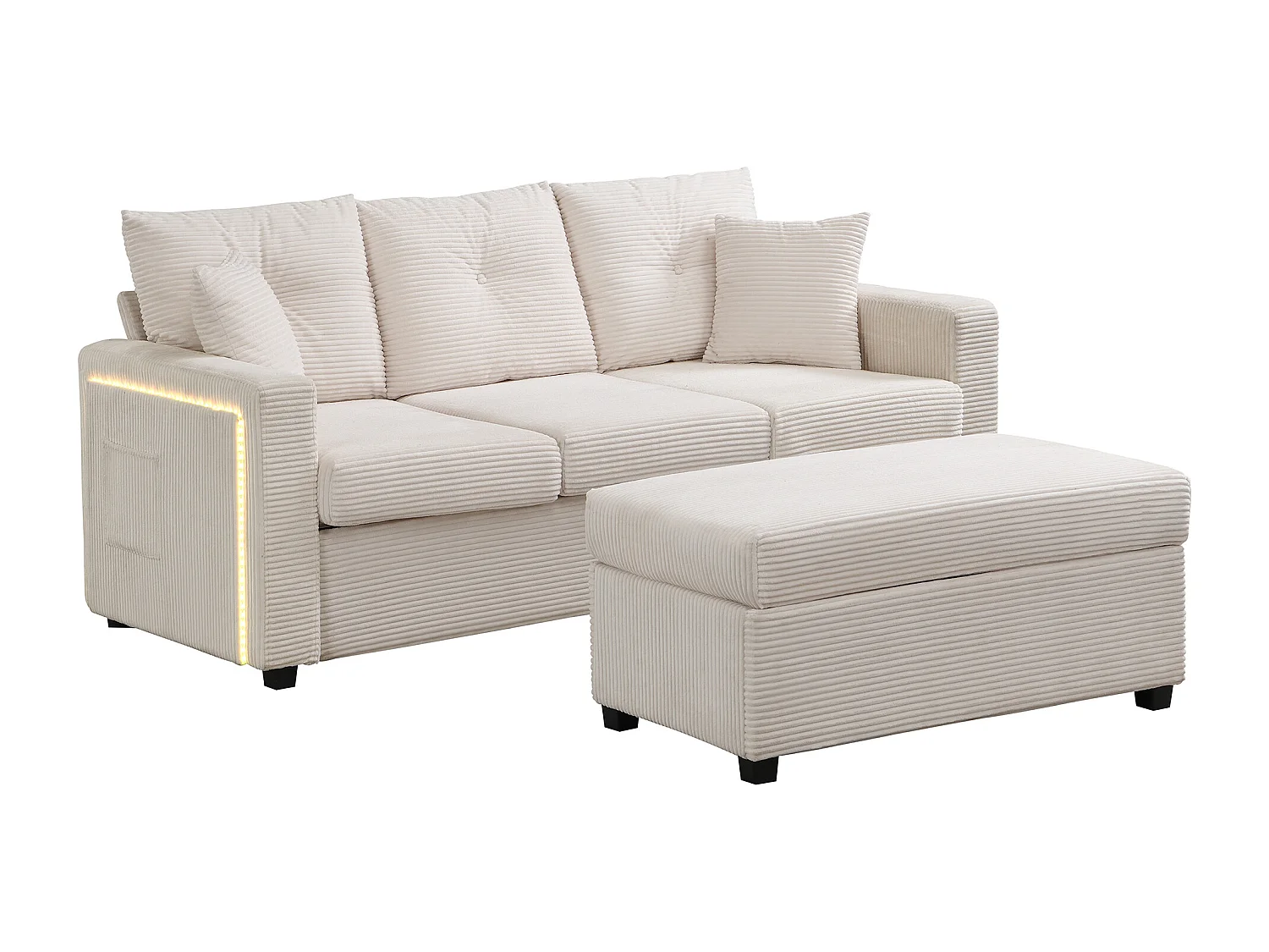 Sofa 3-osobowa, Narożnik z oświetleniem LED i podnóżkiem - beżowy sztruks