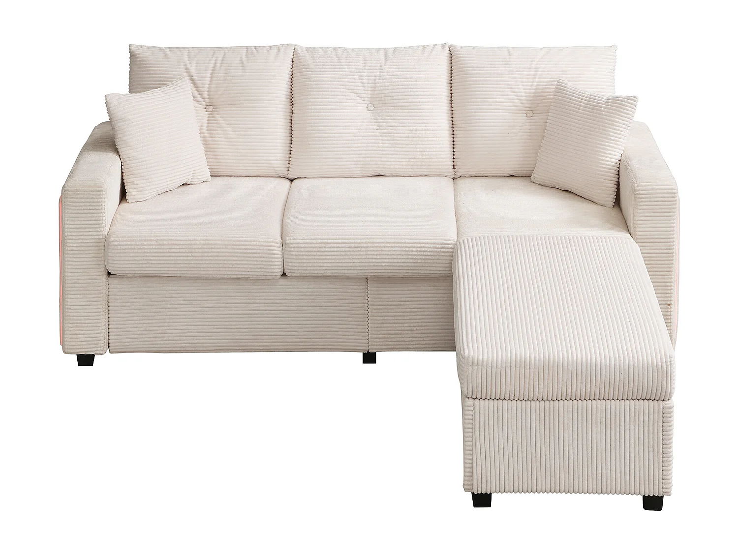 Sofa 3-osobowa, Narożnik z oświetleniem LED i podnóżkiem - beżowy sztruks