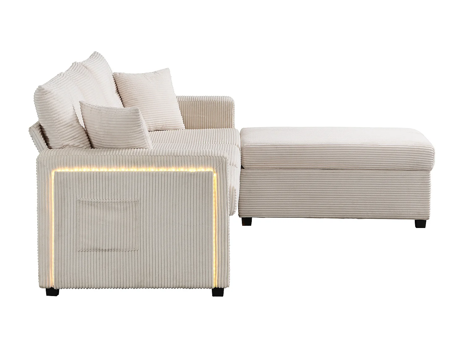 Sofa 3-osobowa, Narożnik z oświetleniem LED i podnóżkiem - beżowy sztruks