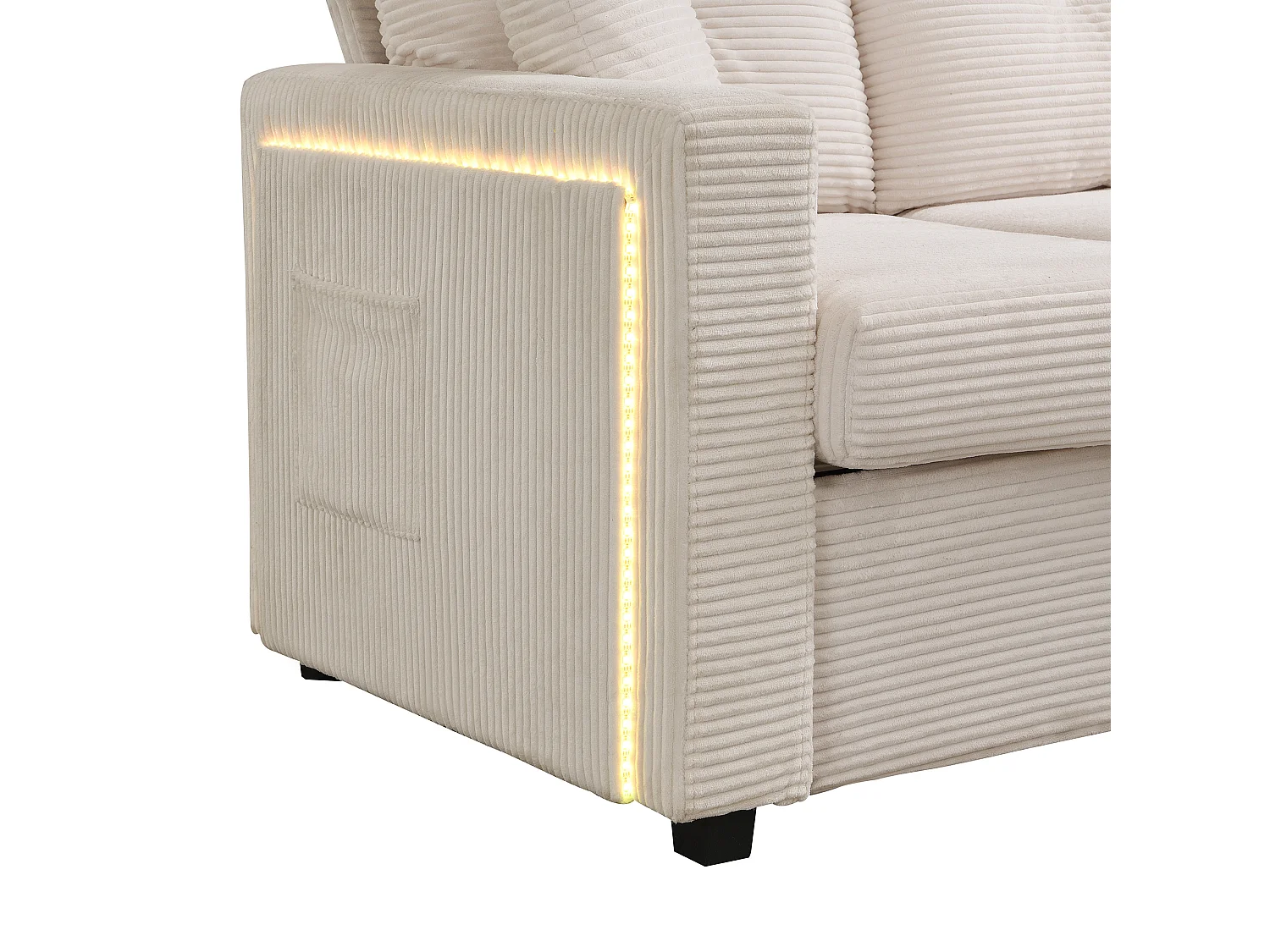 Sofa 3-osobowa, Narożnik z oświetleniem LED i podnóżkiem - beżowy sztruks