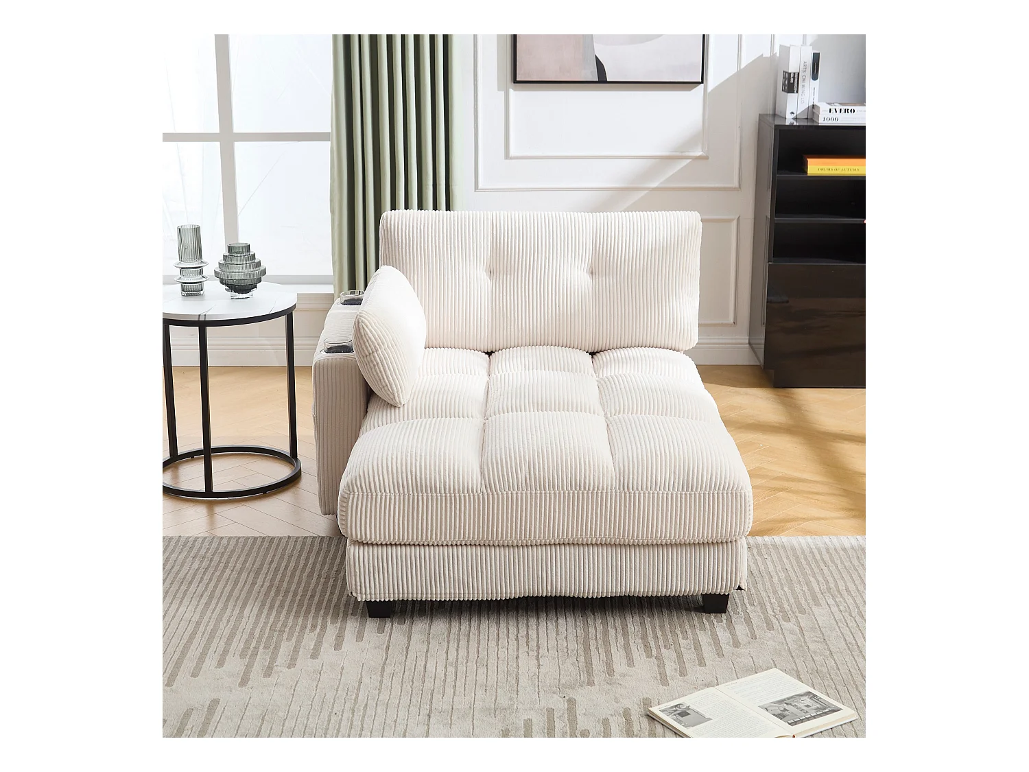 Sofa 1-osobowa z tapicerowanym oparciem, portem USB i uchwytem na kubek – beżowy sztruks