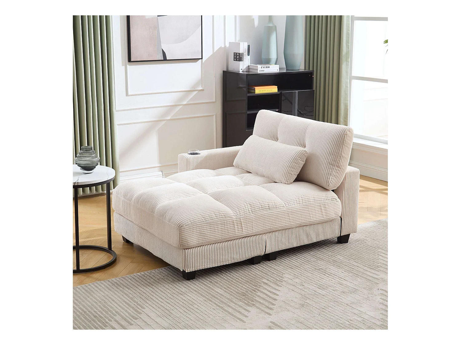 Sofa 1-osobowa z tapicerowanym oparciem, portem USB i uchwytem na kubek – beżowy sztruks