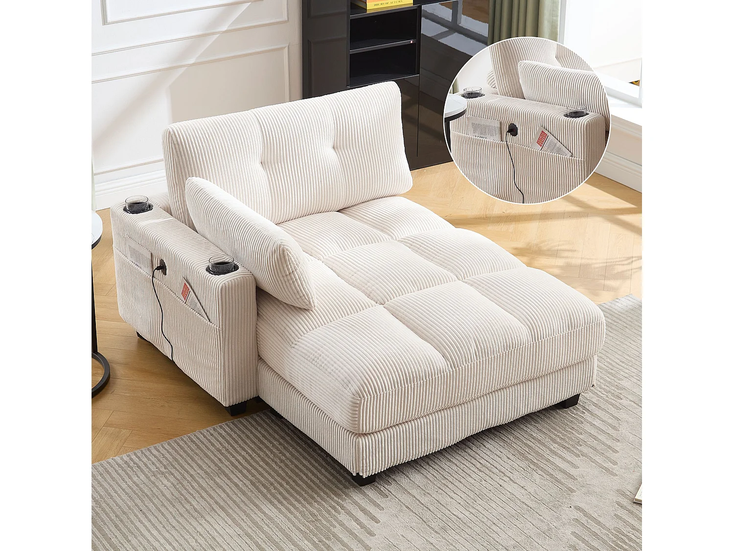 1-Sitzer-Sofa mit gepolsterter Rückenlehne, USB-Anschluss und Getränkehalter – Beigefarbener Cord