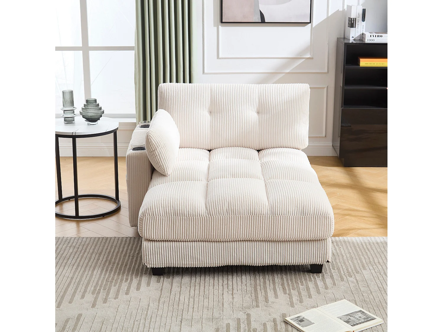 1-Sitzer-Sofa mit gepolsterter Rückenlehne, USB-Anschluss und Getränkehalter – Beigefarbener Cord