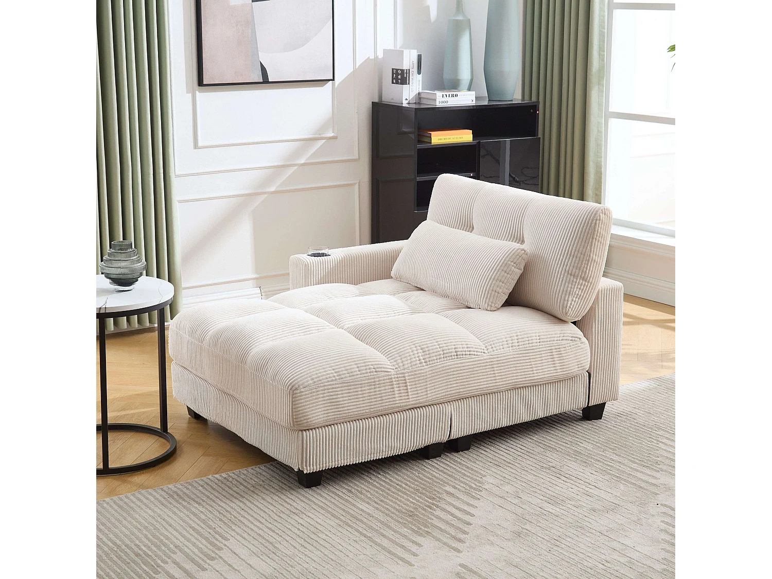 1-Sitzer-Sofa mit gepolsterter Rückenlehne, USB-Anschluss und Getränkehalter – Beigefarbener Cord