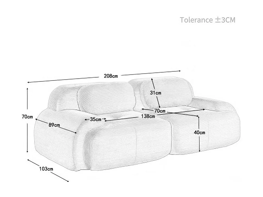 Canapé 2 places avec accoudoirs courbés et dossier rembourré - velours côtelé noir