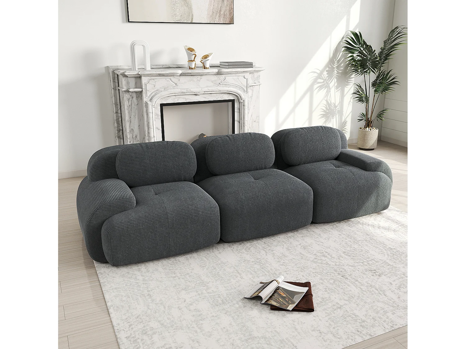 Canapé 3 places avec dossier et accoudoirs rembourrés, velours côtelé gris - pour salon et chambre