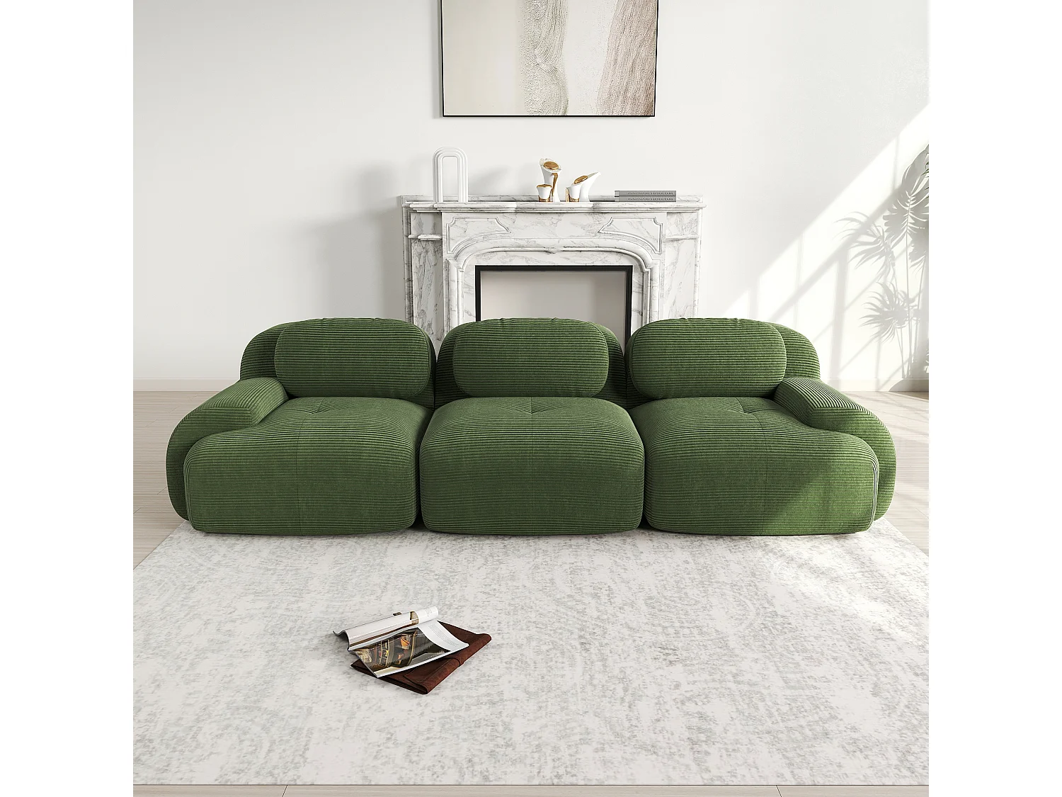 Sofá 3 plazas con respaldo y reposabrazos acolchados, pana verde - para salón y dormitorio