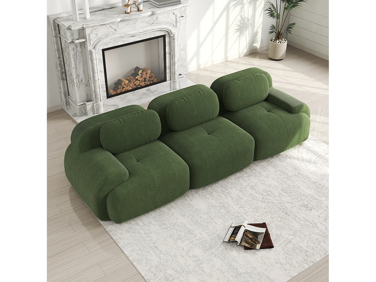 Sofá 3 plazas con respaldo y reposabrazos acolchados, pana verde - para salón y dormitorio