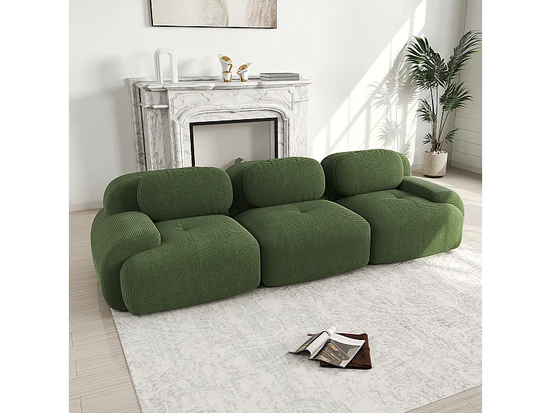 Sofá 3 plazas con respaldo y reposabrazos acolchados, pana verde - para salón y dormitorio