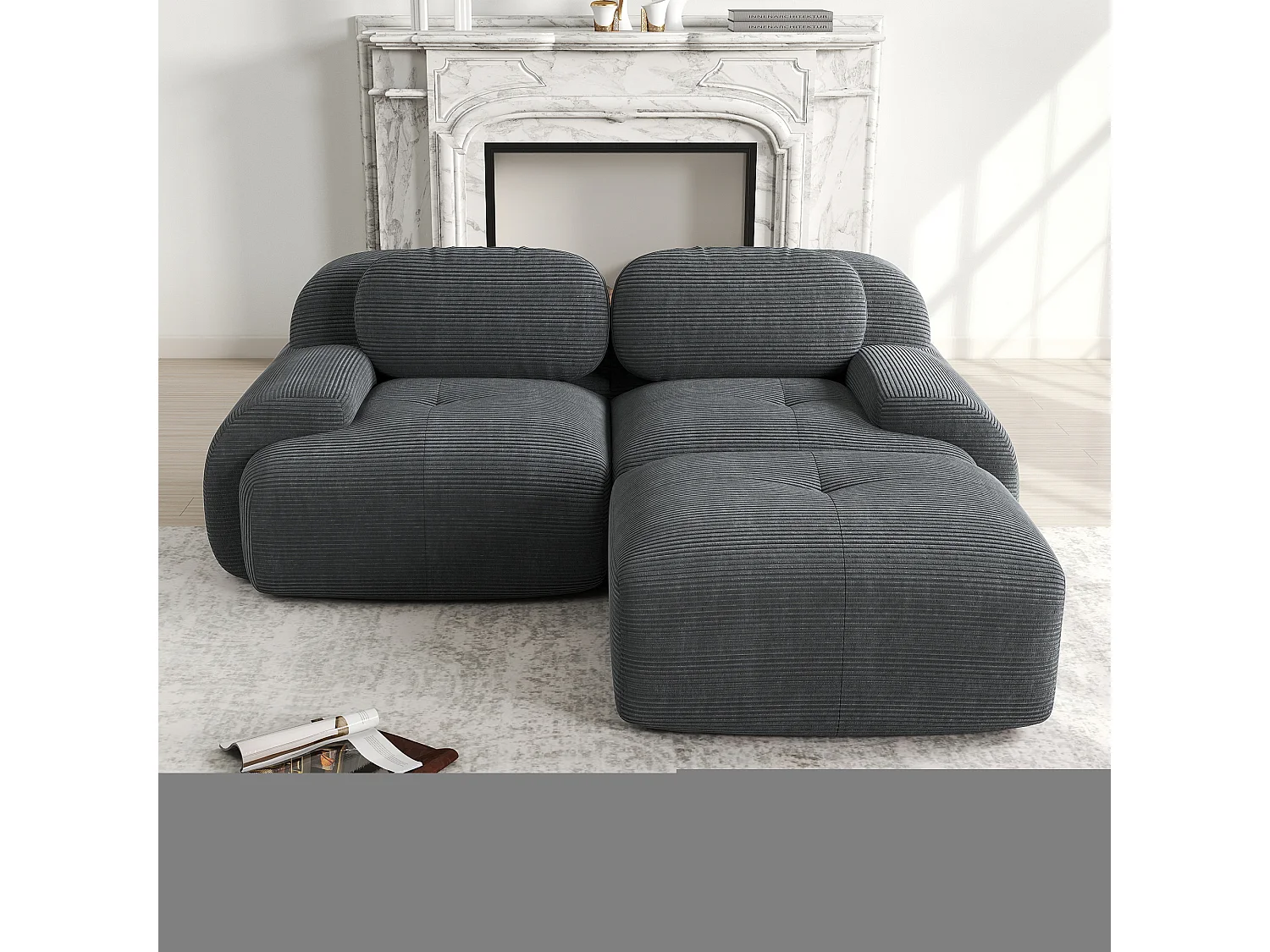 Hoekbank met gebogen armleuningen en gewatteerde rugleuning - grijs ribfluweel