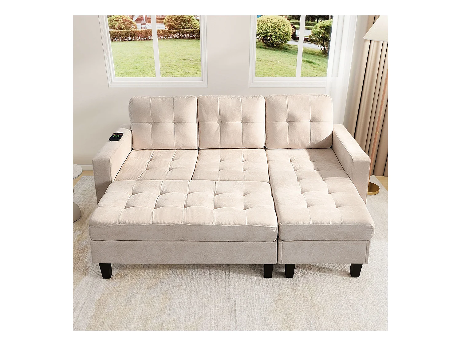 Sofa 3-osobowa z paskiem świetlnym LED i portem USB, mobilny podnóżek – beżowy szenil