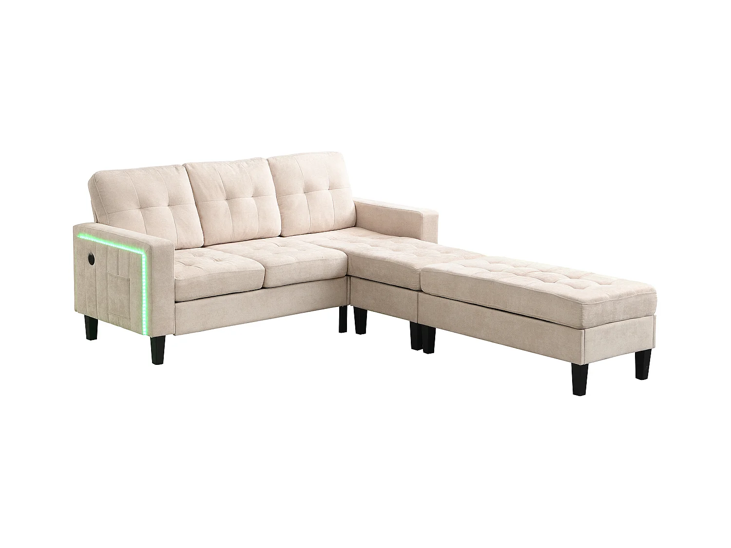 Sofa 3-osobowa z paskiem świetlnym LED i portem USB, mobilny podnóżek – beżowy szenil