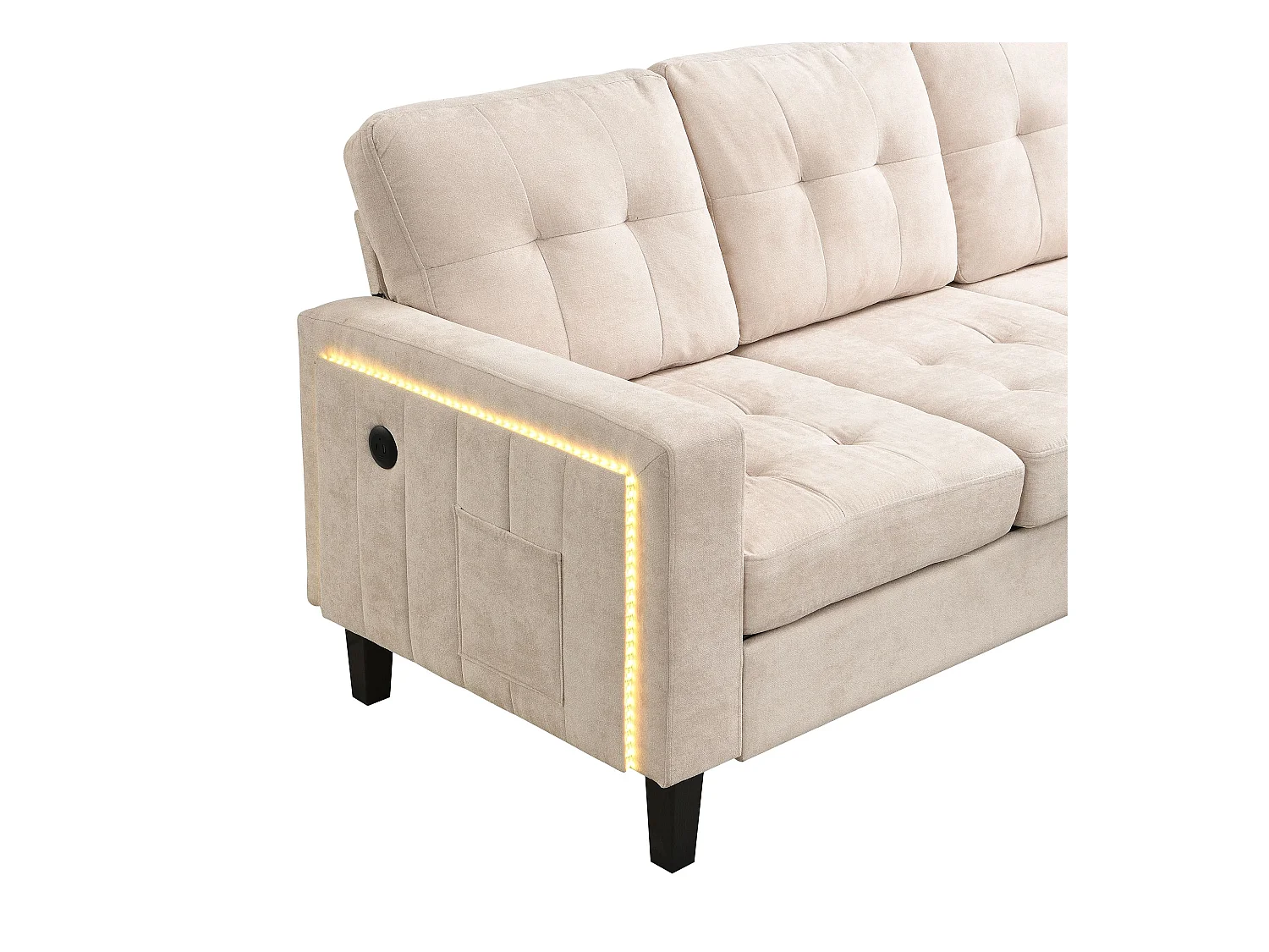 Sofa 3-osobowa z paskiem świetlnym LED i portem USB, mobilny podnóżek – beżowy szenil