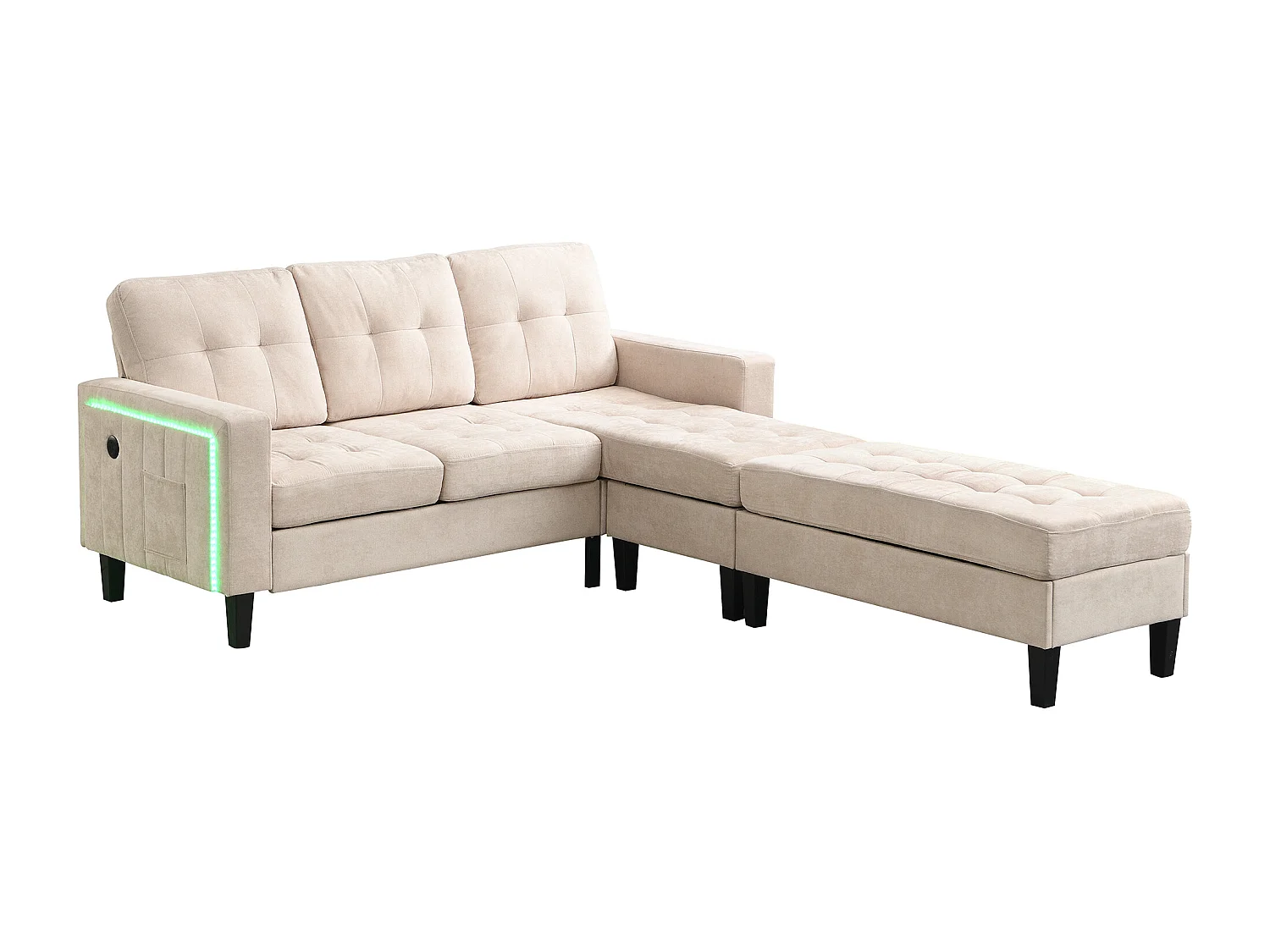 Sofa 3-osobowa z paskiem świetlnym LED i portem USB, mobilny podnóżek – beżowy szenil