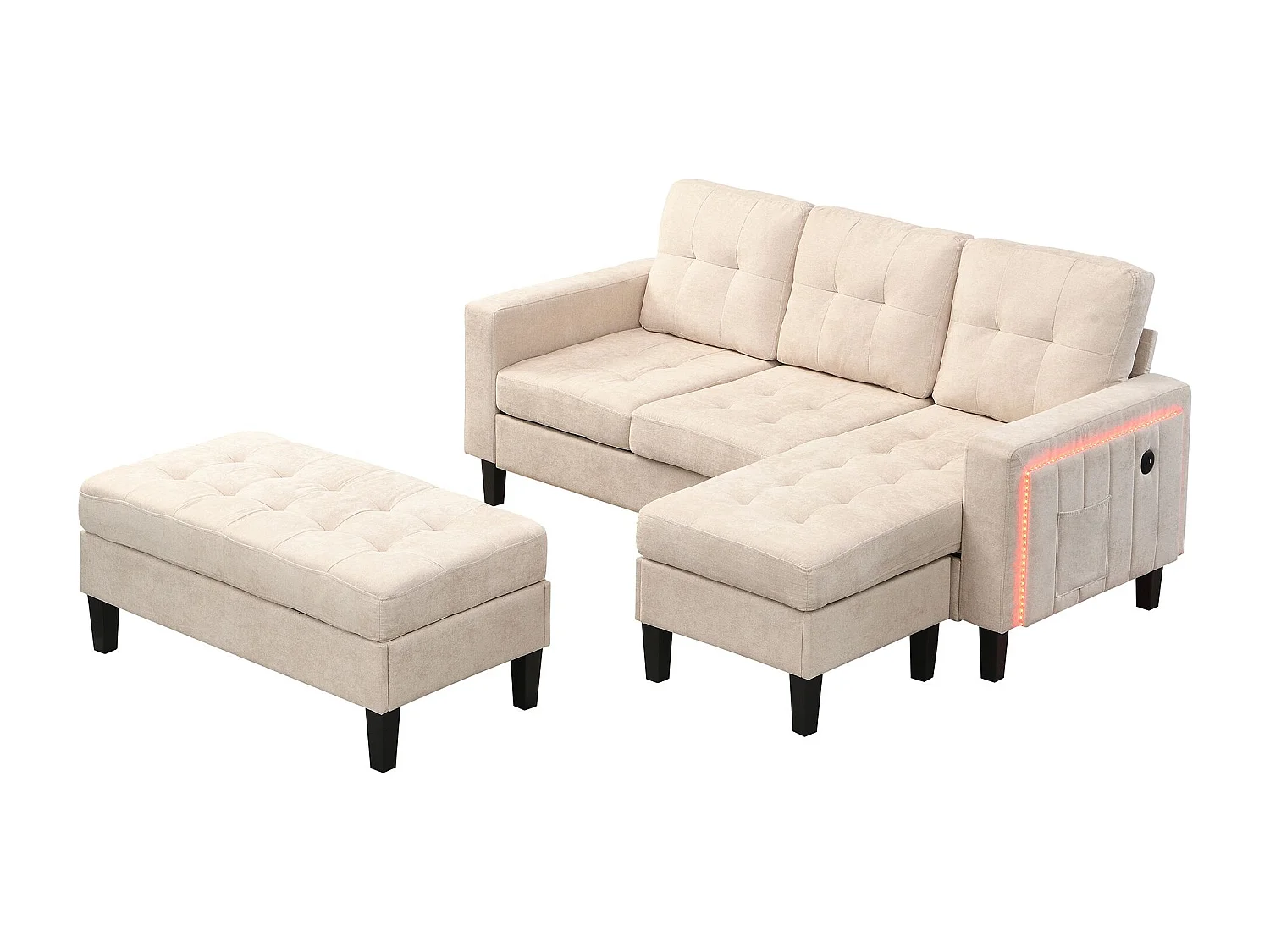 Sofa 3-osobowa z paskiem świetlnym LED i portem USB, mobilny podnóżek – beżowy szenil