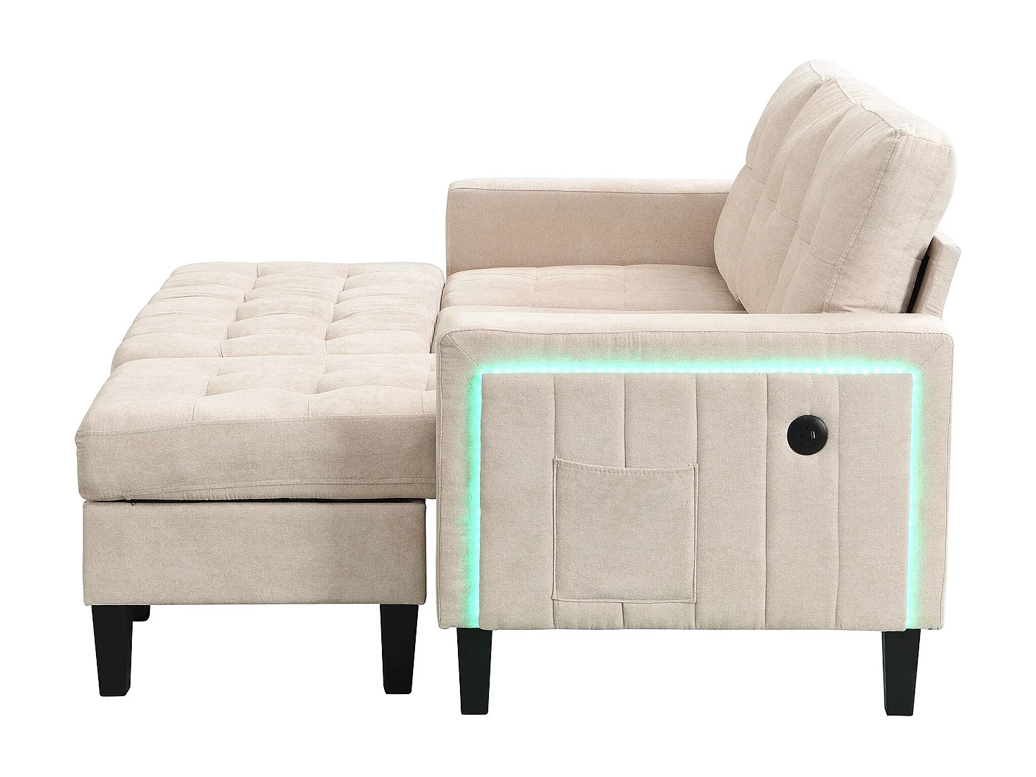 Sofa 3-osobowa z paskiem świetlnym LED i portem USB, mobilny podnóżek – beżowy szenil
