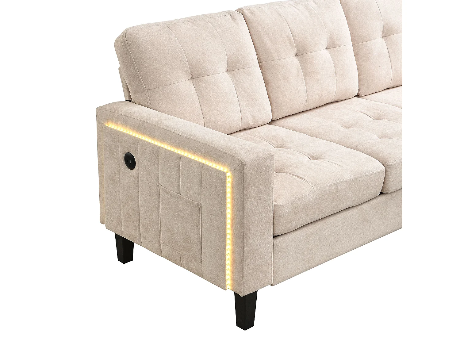 Sofa 3-osobowa z paskiem świetlnym LED i portem USB, mobilny podnóżek – beżowy szenil