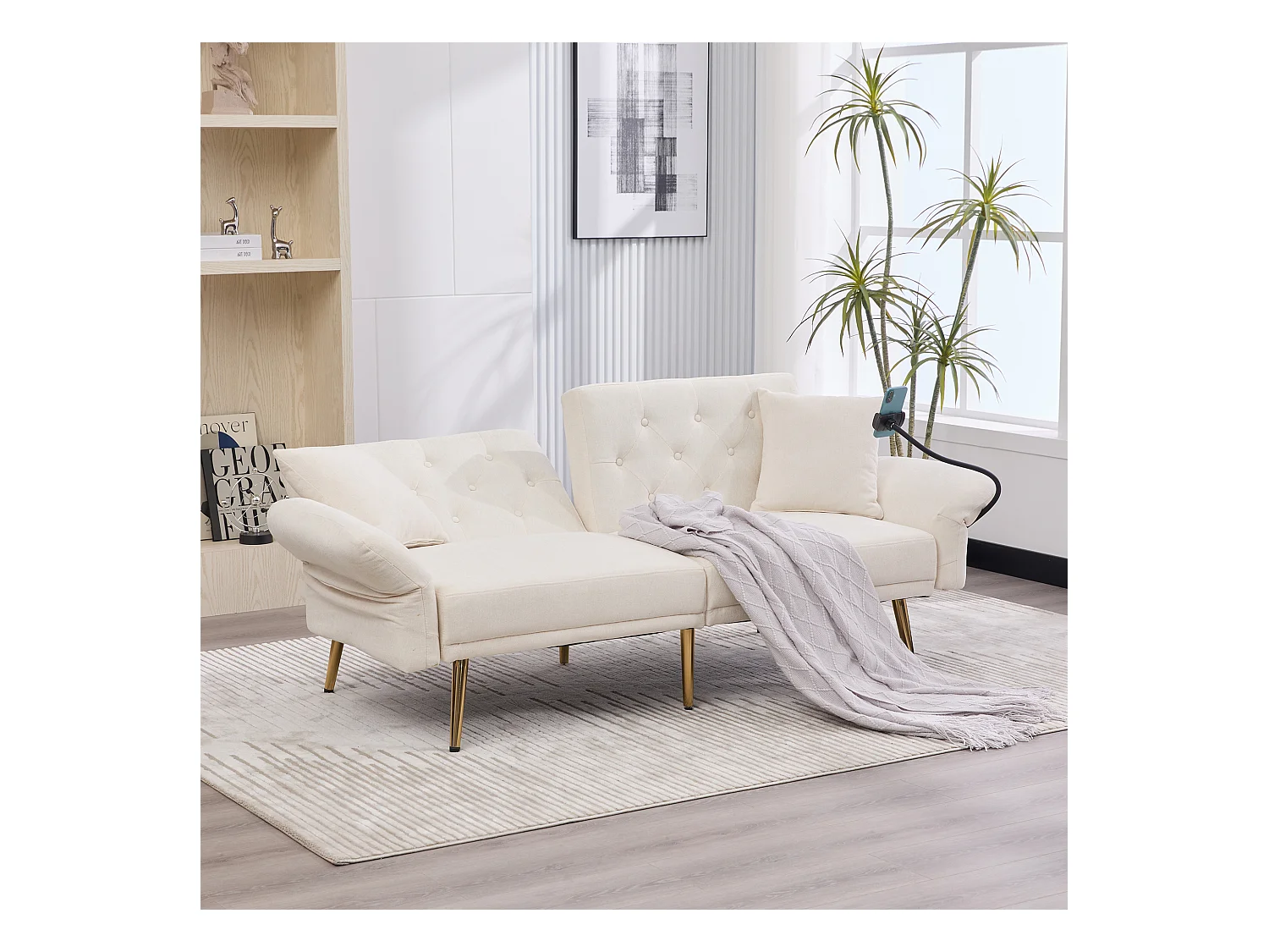 Canapé 2 places avec dossier réglable, port USB et support téléphone - Chenille beige