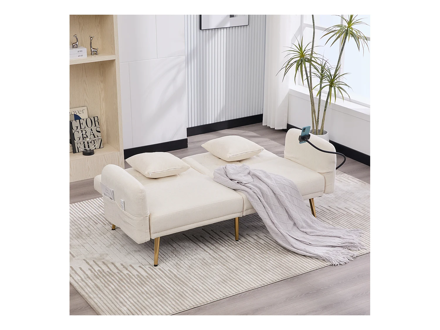 Canapé 2 places avec dossier réglable, port USB et support téléphone - Chenille beige