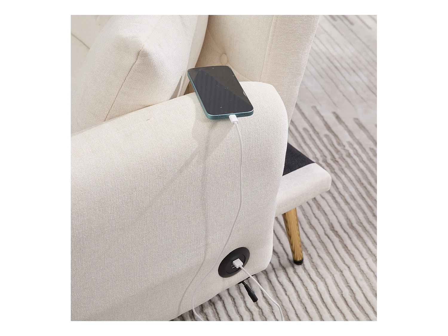 Canapé 2 places avec dossier réglable, port USB et support téléphone - Chenille beige