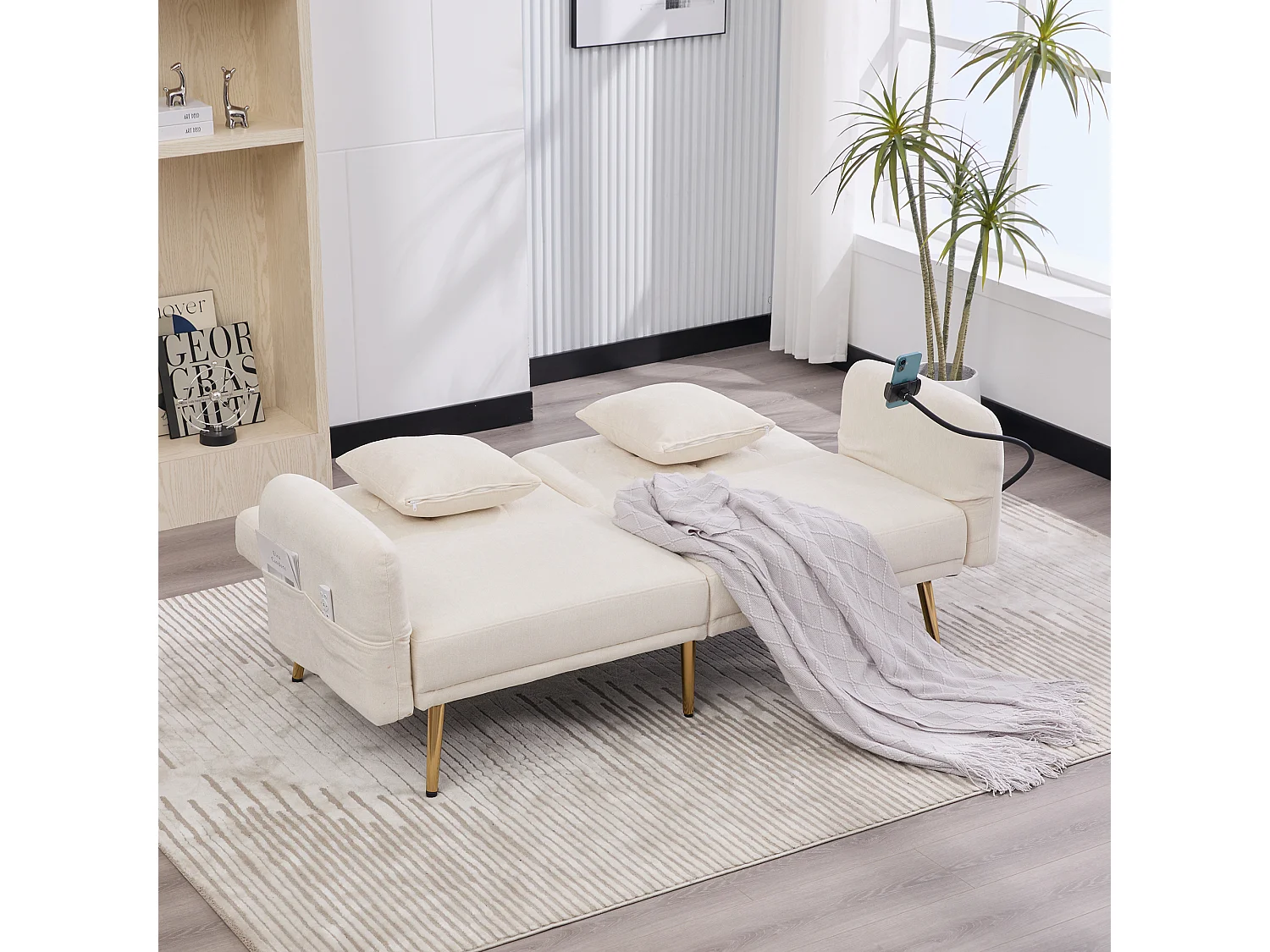 2-Sitzer-Sofa mit verstellbarer Rückenlehne, USB-Anschluss und Handyhalterung – Beige Chenille
